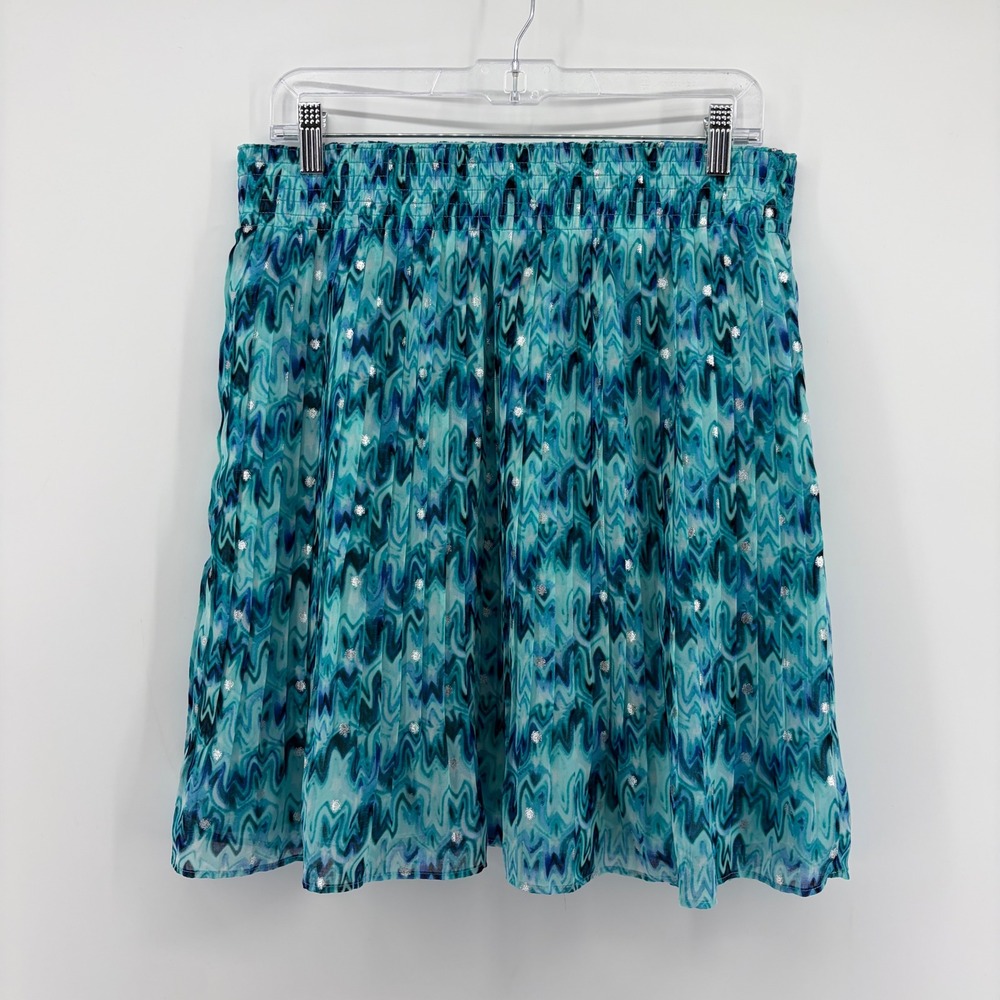 White House Black Market Women M Teal Zigzag Pleated Smocked Metallic Mini Skirt